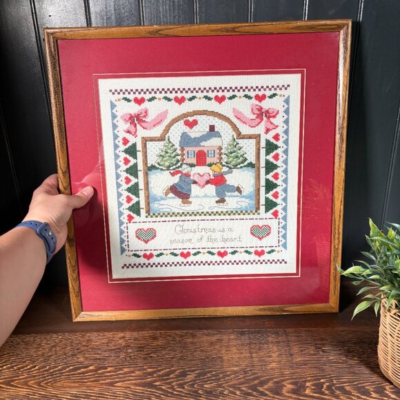 Vintage Christmas Cross Stitch Art Framed Holiday Needlepoint Wall Hanging - Picture 6 of 15